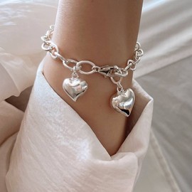 18k Silver 925 Double Heart Medal Chain Silver Bracelet Yellow Gold 21.5cm / 18k 실버925 더블 하트 메달 체인 은 팔찌 옐로우골드(Yellow Gold)  21.5cm