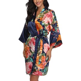 VOGMATE Floral Silk Robes for Women Short Satin Kimono Bride Bridesmaid Robes Bathrobe(Navy Blue S-L)
