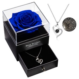 Preserved Real Rose Eternal Rose Drawer with Love You Necklace 100 Languages, Gift for Valentine's Day Wedding Anniversary Birthday for her/Women/Girlfriend (Dark Blue)
