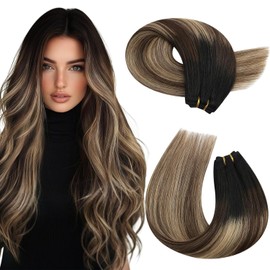 Sunny Hair Weft Hair Extensions Human Hair Sew in Extensions Human Hair Straight Real Hair Extensions for Women 20inch Black Ombre Medium Brown Balayage Ash Brown