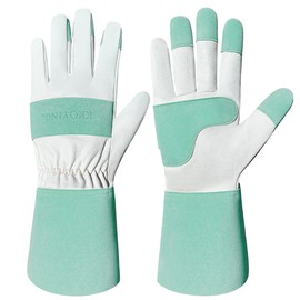 KKOYING Gardening Gloves, Long Thorn Proof Gardening Gloves for Women and Men, Goatskin Breathable Leather Work Gloves for Gardening, Pruning, Yard Work, Turquoise, S