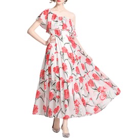 Shineflow Womens Off Shoulder Ruffle Floral Long Dress Casual Summer Beach Maxi Tiered Swing Flowy Dress (Pink,M)