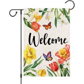 zeevly Spring Floral Garden Flag 12x18 Inch Double Sided Daffodils Tulips Welcome Small Burlap Yard Flag for Outside