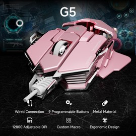SEUNKWANG EWEADN G5 Wired Gaming Mouse, Ergonomic RGB Computer Mouse, 12800 Adjustable DPI, 9 Programmable Macro Buttons with Rapid Fire Key Compatible for PC/Laptop/Windows-Pink