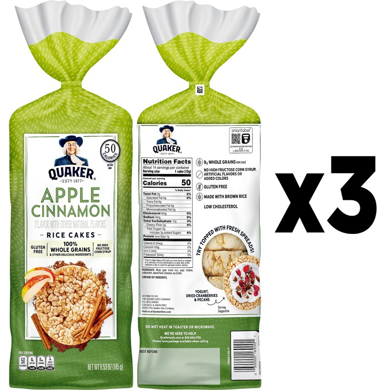 Quaker Large Rice Cakes, Apple Cinnamon, Pack of 3