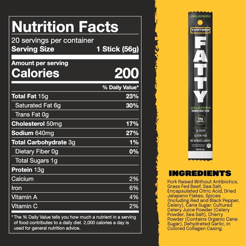 FATTY Grass-Fed Beef Smoked Meat Sticks, Jalapeno Flavor, 13g Protein