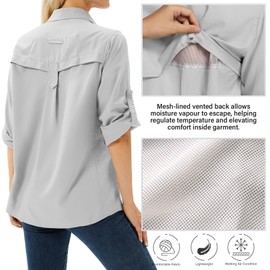 Anteef Women's Safari Shirts Long Sleeve Hiking Fishing UV Sun Protection UPF 50+,Quick Dry SPF Breathable Shirts(5071 Light Gray L)