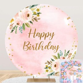 Leowefowa 7.2x7.2ft Polyester Pink Happy Birthday Round Backdrop Cover Pink Floral Green Leaves Gold Glitter Circle Photography Background Birthday Party Backdrop Photo Portrait Booth Props