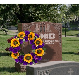 SUHOOKOO Cemetery Wreaths for Grave Decoration,Golden Sunflower and Purple Rose, Headstone Wreath with Gravestone Flower Holder