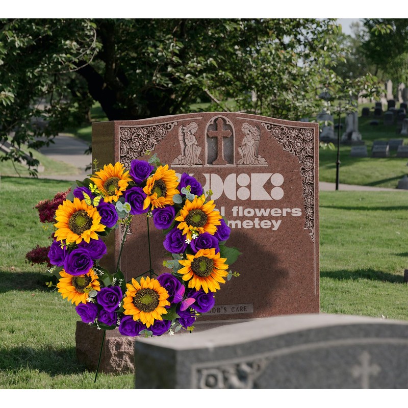 SUHOOKOO Cemetery Wreaths for Grave Decoration,Golden Sunflower and Purple Rose,