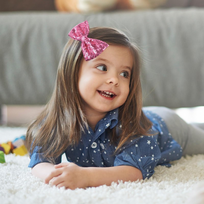 4" Pink Sparkly Glitter Sequin Hair Bows Clips for Toddler