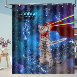 Funny Cat Shower Curtains for Bathroom - Cool Cute Cat on Fantasy Outer Space Galaxy Universe UFO Fun Shower Curtain Set with 12 Hooks for Adults Kids Bathroom Decor Accessories, 72"x72"