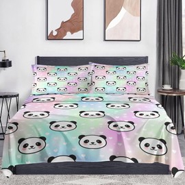 WeCozy 3 Pieces Twin Size Bed Sheet Sets with Pillowcases, Rainbow Panda Bamboo Soft Microfiber Bedding Set for Kids and Adults, Flat Sheet, Fitted Sheet for Bedroom Bed Decor