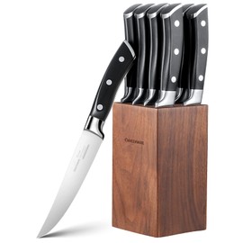 OAKSWARE Steak Knives Set of 8, Non Serrated Steak Knives with Block, 5 inch German Stainless Steel Straight Edge Steak knife with Full Tang Handle, Rust Resistant ＆ Easy to Maintain