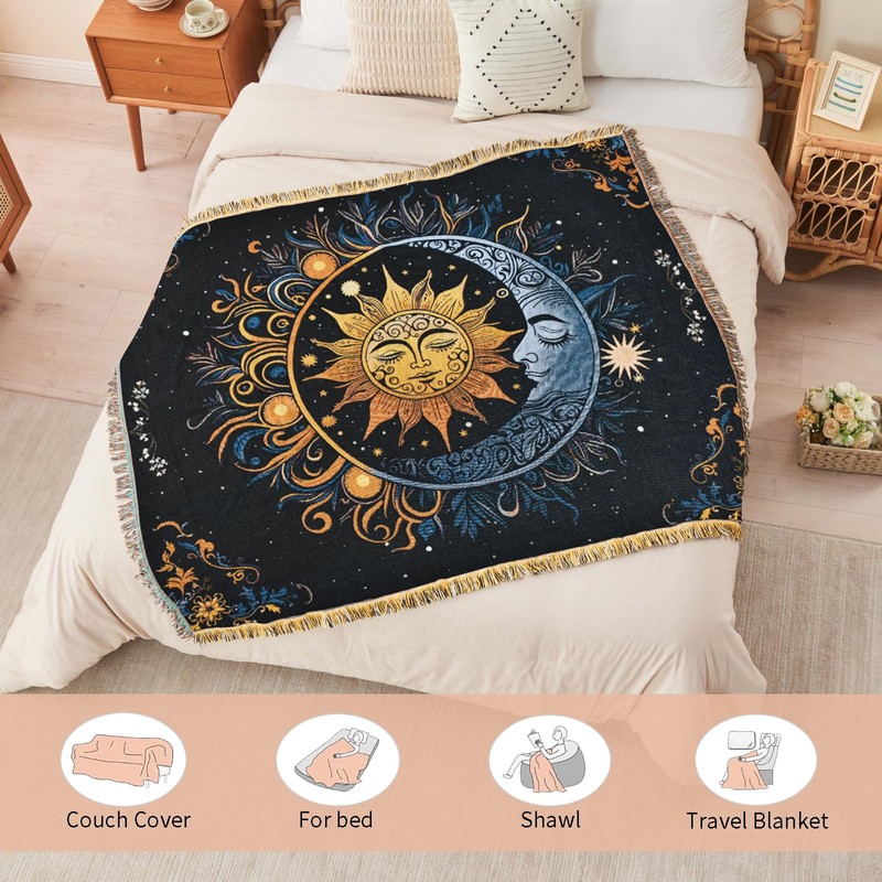 Shesyuki Boho Throw Blanket Reversible Cotton Bohemian Tapestry Hippie Room