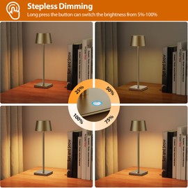 YIBEN LED Rechargeable Cordless Table Lamp, Battery 6000mAh USB LED Portable Powered Desk Lamp, 3 Levels Brightness Night Light for Restaurants Bars Outdoor (2pack Titanium)