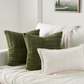 Topfinel OliveGreen Throw Pillow Covers 20x20 Inch Set of 2 Modern Farmhouse Home Decor Pillow Covers for Spring Sofa Living Room Couch Bed Soft Corduroy Textured Boho Striped Patchwork Cushion Cases