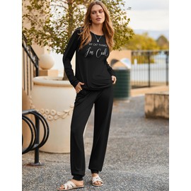 Ekouaer Womens Pajama Sets Long Sleeve Print Sleepwear Soft Pjs Casual Pullover Tops Joggers Pants with Pockets Black S