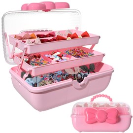 KKONHII Hair Accessories Organizer for Girls, 3-Layers Jewelry Storage Box with Handle, Lockable Folding Craft Organizers, Pink Plastic Storage Container with Cute Bow for Headbands, Clips, Ornaments