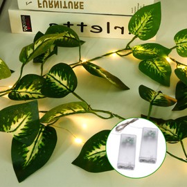 YJFWAL Artificial Green Ivy Leaf Garland String Lights - 6.56ft 2 Vine Fairy Lights with 2Pcs String Lights, 2M2Vine2DC