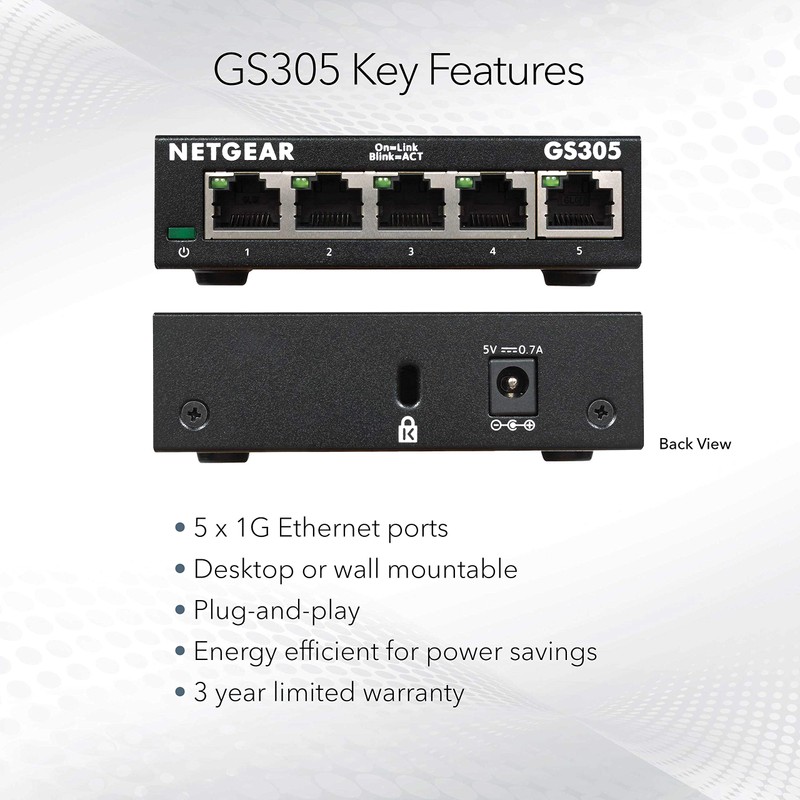 NETGEAR 5-Port Gigabit Ethernet Unmanaged Essentials Switch (GS305) - Home