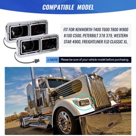 Headlight Housing Base with Chrome Dual Headlight Bezel Compatible with Kenworth T400 T600 T800 W900 K100 C500 Peterbilt 378 379 Freightliner FLD Classic XL Semi Truck Accessories（With Wire Harnesses）