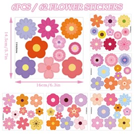 Pink Flower Stickers, 6 Sheets Bike Stickers, Car Decals, Waterproof Sticker for Bicycle Cycling Frame, Skateboard, Helmets, Water Bottle, Window, Journal, Luggage Decoration, Multicolor, 60 Pcs