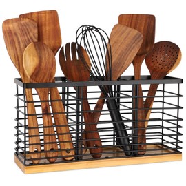 TACGEA Utensil holder for Kitchen Counter, Kitchen Cooking Utensil Holder Organizer with Wooden Base Matte Black (3 Compartments)