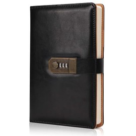 Diario de Cuero Vintage, Diario Personal, Diario con Candado, A5, 240 páginas, Regalo para Hombres y Mujeres, Cuaderno para Oficina, Estudio y Viajes (Negro)