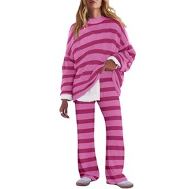 LAMISSCHE Oversized Womens Lounge Set Striped Sweater Set Long Sleeve 2 Piece Pajama Set Top and Pants with Pockets(D&Lt Hot Pink,L)