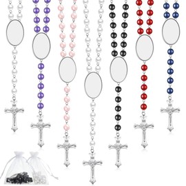 Taiyin 12 Set Sublimation Blank Rosary Prayer Beads Heat Transfer Rosary Necklace Printable Sublimation Necklace with Organza Bags for Women Men Baptism DIY Memorial Gifts Making(Mixed Colors)