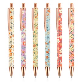 Partideal 6 Pcs Floral Art Ballpoint Pens 1.0 mm Black Ink Retractable Ballpoint Pens Smooth Writing Pen Click Ball Pens Pretty Pens for Women, Colleagues, Teachers, Students Gifts (Small Floral)