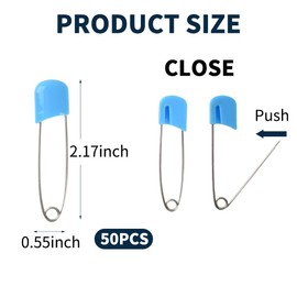 Hanycon Diaper Pins, Blue Color Nappy Safety Pins Hold Clip Locking Cloth, Pack of 50, 2 1/8 inch
