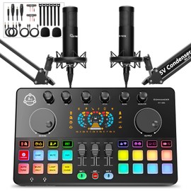 Podcast Equipment Bundle for 2, Audio Interface with Condenser Microphone, Voice Change, RGB, 48V Phantom Power Supply DJ Mixer for Streaming, Podcast Recording COMMANDER M100 3rd