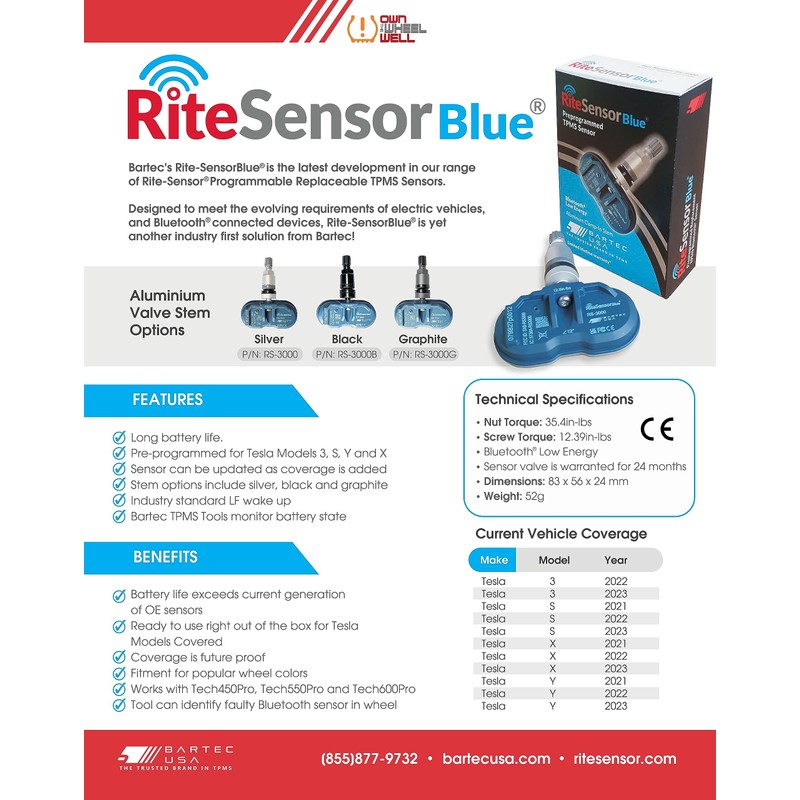 RITE-Sensor Blue - TPMS Sensor for Bluetooth TPMS w/Aluminum clamp-in