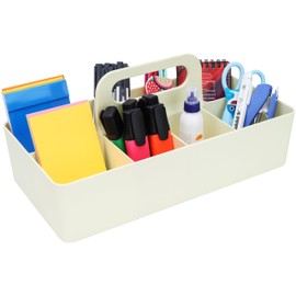 BELLE VOUS Plastic Desk Organiser White with Handle - 17 x 33 x 8 cm - Portable Organiser Desk Pen Holder with 8 Compartments for Stationery, Pens, Pencils & Office Supplies