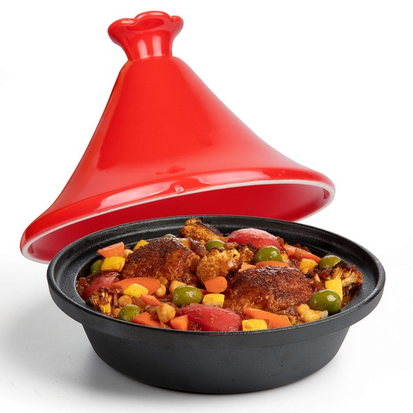 Tagine Moroccan Cast Iron 4 qt Cooker Pot with Recipe Book, Caribbean One-Pot Tajine Cooking, Enameled Ceramic Lid- 500 F Oven Safe Dish w Large Capacity, Cone Shaped Lid, Cookware Gift