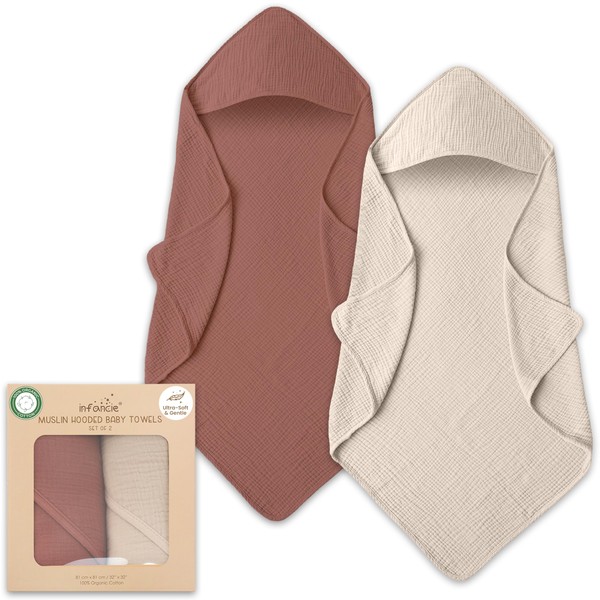 Organic Cotton Muslin Hooded Baby Towels 2 Pack, 32x32 Inches