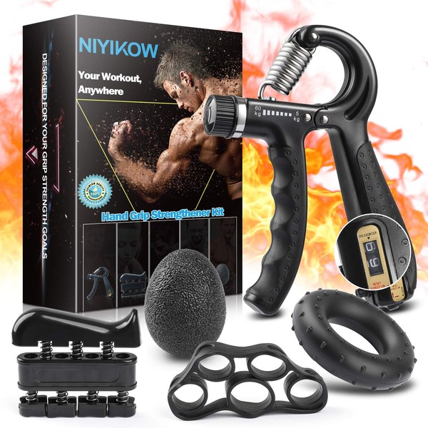 NIYIKOW Grip Strength Trainer Kit with Counter (5 Pack), Counting Grip Strength, Adjustable Hand Grip Strengthener, Finger Trainer, Finger Stretcher, Grip Ring & Stress Relief Grip Ball with Carry Bag