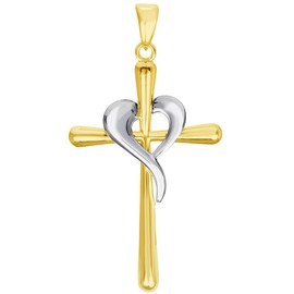 14k Two-Tone Gold Religious Cross and Heart Pendant, White Gold, not-applicable