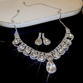 JEAIRTS Rhinestone Wedding Jewelry Set Silver Bridal Necklace and Earring Set for Brides