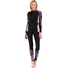 Akaeys Women's Full Body Swimsuit Rash Guard One Piece Long Sleeve Long Leg Swimwear with UV Sun Protection Purple-flower