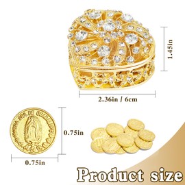 Wedding Arras Coins Set, Arras De Boda Catolica, Arras Para Boda Catolica Decoracion Gold Heart Shaped Box with 13 Virgen of Guadalupe Coins, Arras De Boda Cristiana, Wedding Accessories for Ceremony