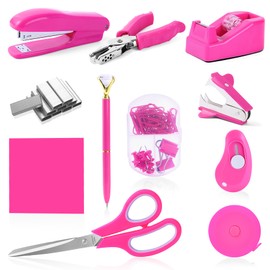 Hot Pink Desk Accessory Kit Cute Office Supplies Set Desktop Stapler Set Includes Staple Remover Hole Punch Tape Dispenser Ballpoint Pen Scissor Mini Box Cutter Tape Measure Paper Clips Sticky Notes
