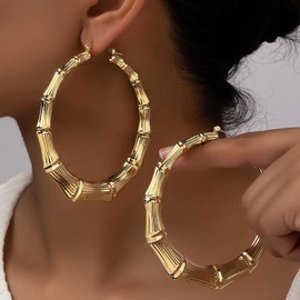 Bamboo Earrings for Women 90s Gold Bamboo Earrings Large Bamboo Hoop Earrings Hip-Hop Statement Hoop Earrings Accessories Jewelry-Gold