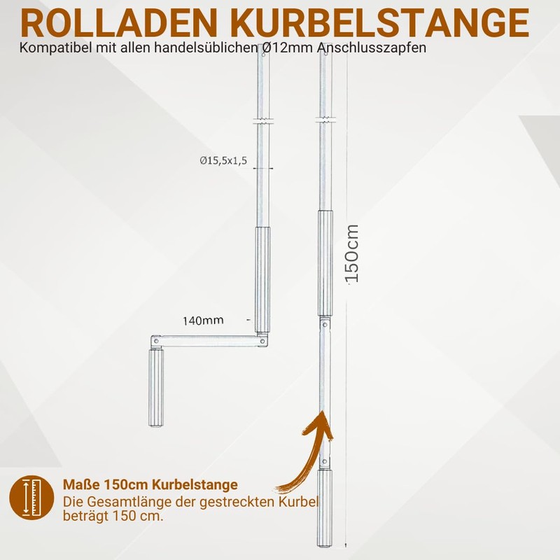 Roller Shutter Crank Rod 150 cm, Hand Crank for Spherical