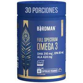 Birdman Full Spectrum Omega 3 a base de Algas y Aceite de Linaza | Fórmula 100% Vegetal y Sostenible | Libre de Contaminantes y Aditivos | Suplemento Alimenticio | 30 Porciones | 60 Cápsulas