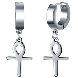 feilok Stainless Steel Hoop Earrings Cross for Men Women Earrings Men's Silver Earrings Men's Hoop Earrings Hanging Silver Earrings with Pendant, Stainless Steel