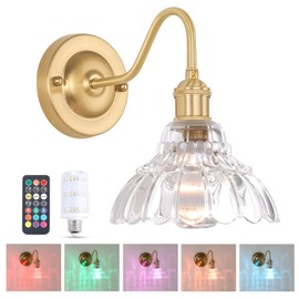 Shenmoyl Battery Operated Wall Sconce, Vintage Rechargeable Wall Lights with Clear Lily Glass Shade, Wireless Indoor Wall Lamp with Remote for Bedroom Living Room Bathroom Hallway