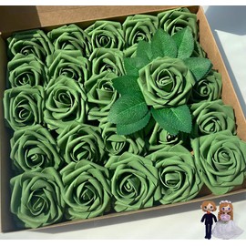 Gankar Sage Green Roses Artificial Flowers 25pcs, Sage Green Artificial Roses with Stems for Party Decor